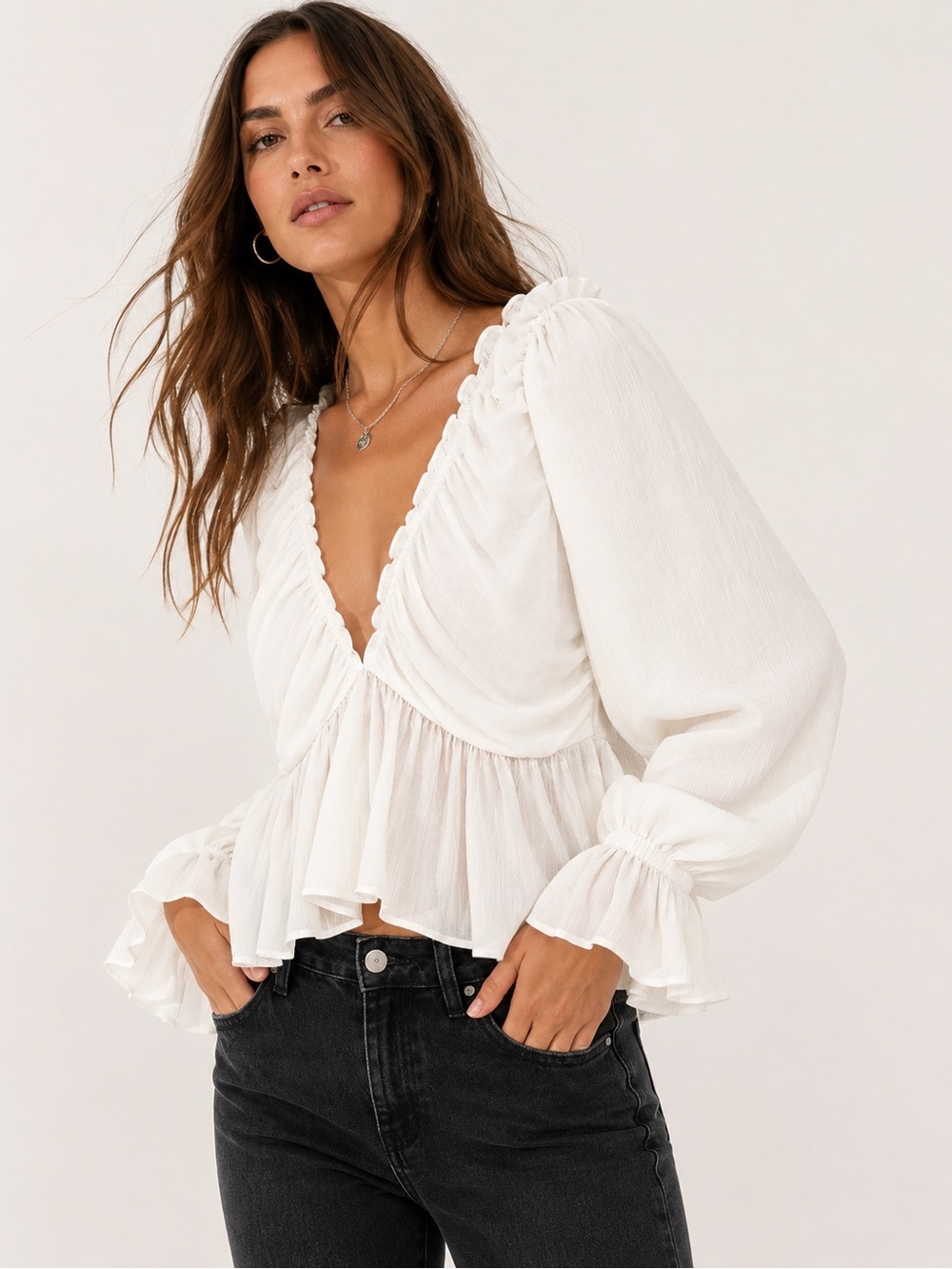 Free People Daia White Ruffle Shoulder Blouse Top Size Small